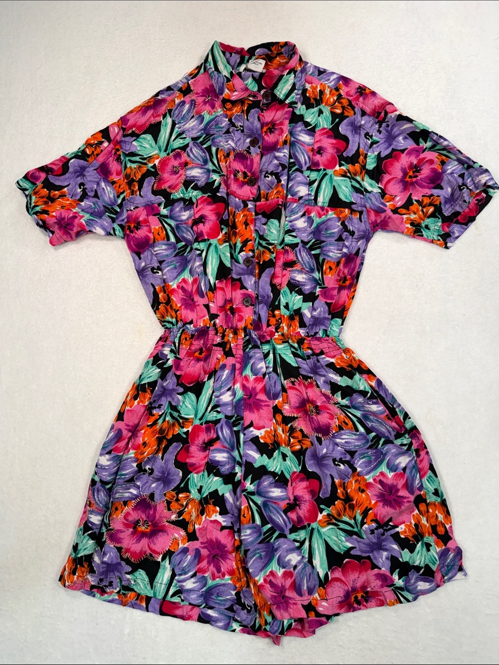 Vintage 90s S. Roberts Rayon Beaded Floral Romper Vibrant Floral Short